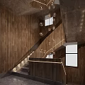 Wooden Wall Staircase Interior With Glass Railing And Ambient Lighting Design