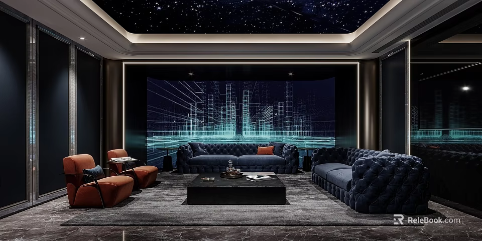 Modern Luxury Home Theater With Blue Sofas Orange Chairs And Star Ceiling 3d model