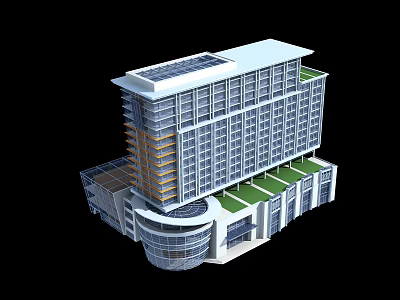 Modern Office Building With Glass Curtain Walls Solar Panels And Green Roof 3d model