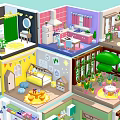 Colorful Cartoon Room Scenes With Miniature Furniture And Decorative Interior Designs