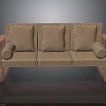 Woven Three Seat Sofa With Rolled Wooden Armrests And Soft Cushions