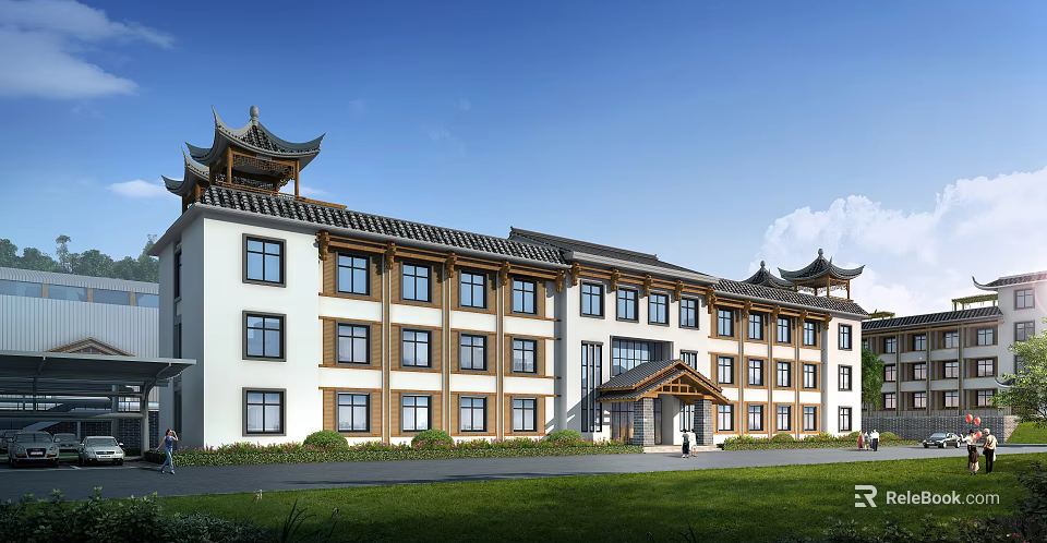 Traditional Chinese Style Office Building With White Walls Brown Accents And Green Lawn 3d model 