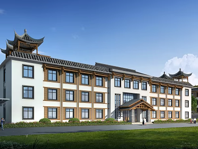 Traditional Chinese Style Office Building With White Walls Brown Accents And Green Lawn 3d model