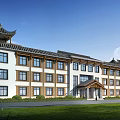 Traditional Chinese Style Office Building With White Walls Brown Accents And Green Lawn