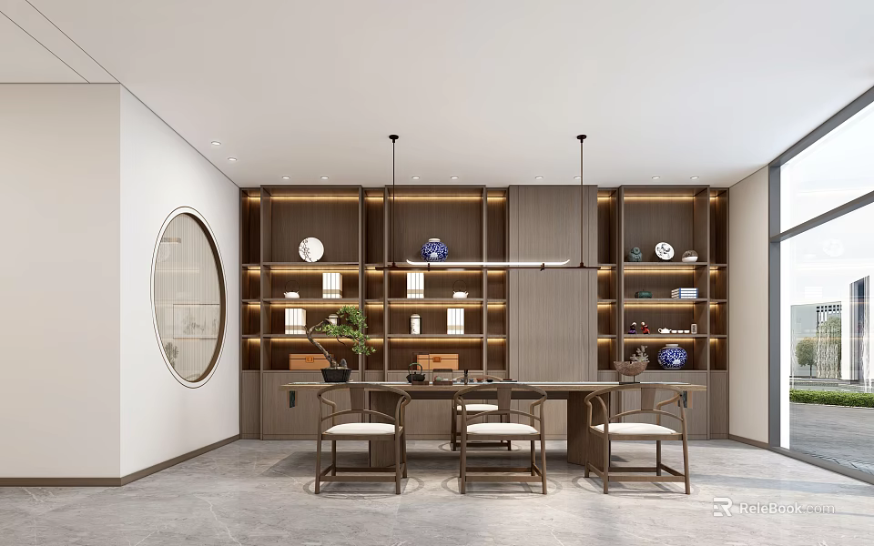 Traditional Chinese Tea Room Interior With Wooden Shelves Tea Sets Round Mirror And Green Plant 3d model 