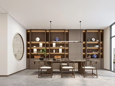 Traditional Chinese Tea Room Interior With Wooden Shelves Tea Sets Round Mirror And Green Plant 3d model