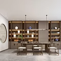 Traditional Chinese Tea Room Interior With Wooden Shelves Tea Sets Round Mirror And Green Plant