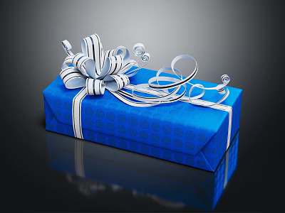 Blue Patterned Gift Box With White Ribbon Bow And Decorative Curls 3d model