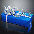 Blue Patterned Gift Box With White Ribbon Bow And Decorative Curls