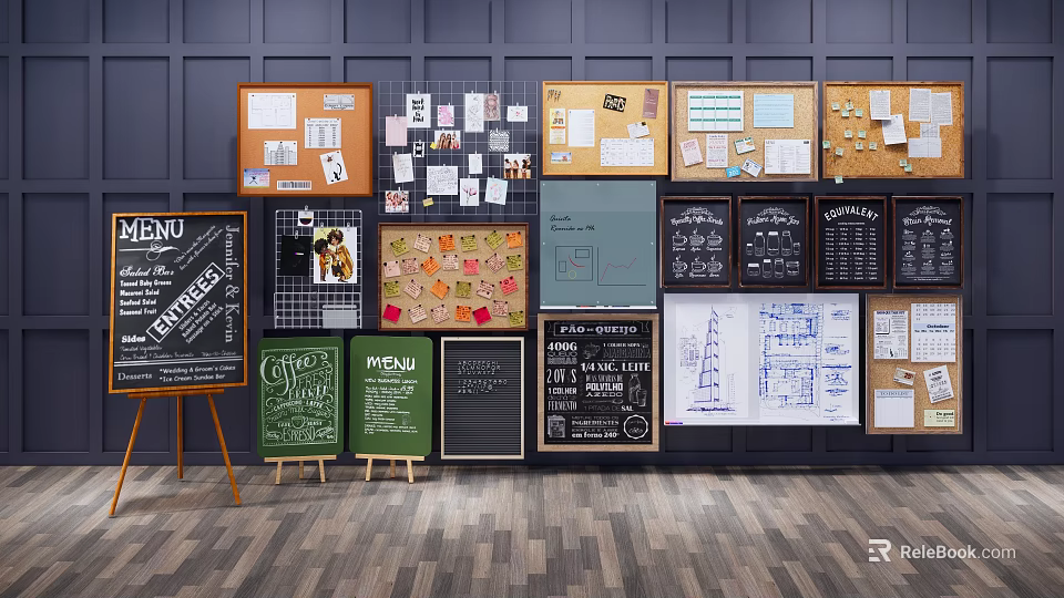 Display Shelves with Various Cork Chalkboard and Menu Boards Against Dark Walls and Wooden Flooring 3d model 