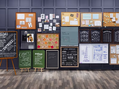Display Shelves with Various Cork Chalkboard and Menu Boards Against Dark Walls and Wooden Flooring 3d model