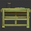 Wooden Green Yellow Kids Table with Bench Open Book and Glass Jar