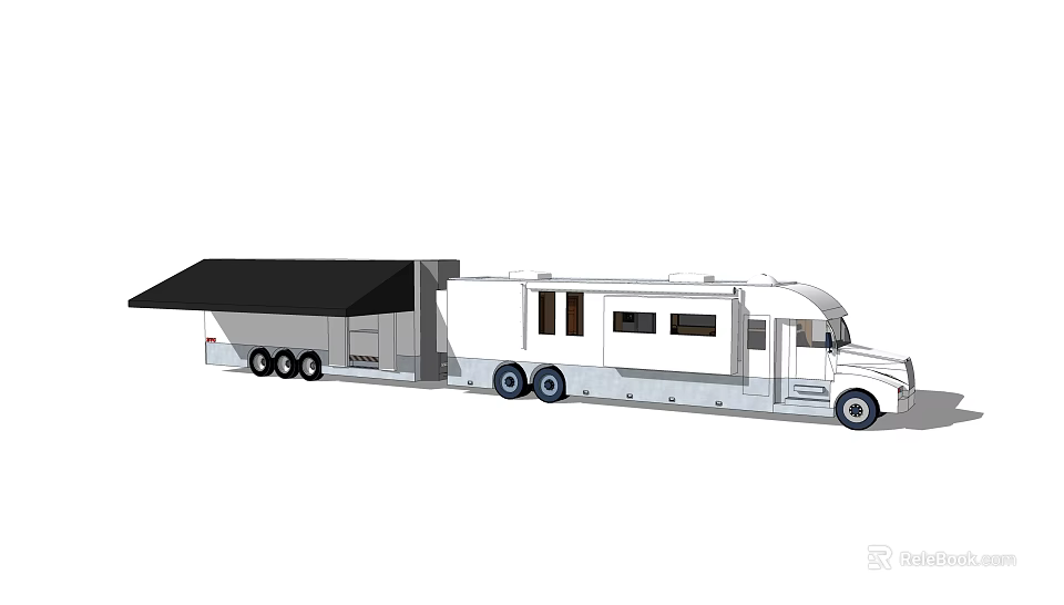 Luxury Motorhome Travel Trailer With Black Awning White Exterior Windows and Wheels 3d model 