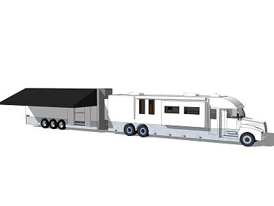 Luxury Motorhome Travel Trailer With Black Awning White Exterior Windows and Wheels 3d model