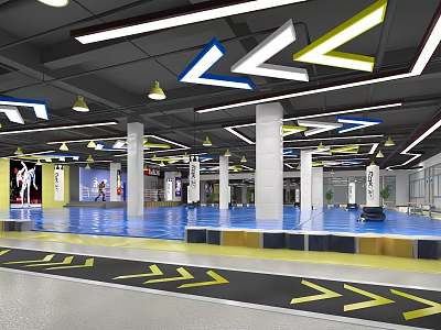 Indoor Training Space With Colorful Ceiling Arrow Signs And Blue Floor 3d model