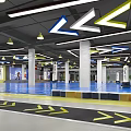 Indoor Training Space With Colorful Ceiling Arrow Signs And Blue Floor
