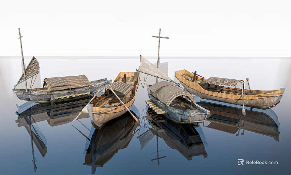 Traditional Wooden Boats With Reflections And Wooden Cross Floating On Calm Water 3d model 