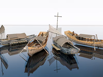 Traditional Wooden Boats With Reflections And Wooden Cross Floating On Calm Water 3d model