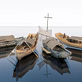 Traditional Wooden Boats With Reflections And Wooden Cross Floating On Calm Water