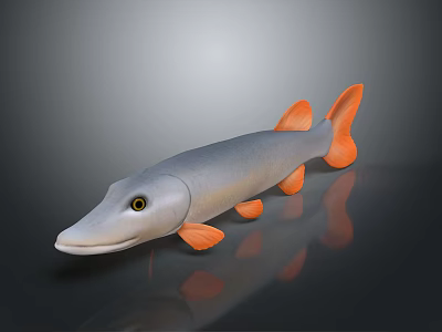 3D Fish Model With Gray Body Orange Fins And Tail Long Snout And Yellow Eyes 3d model