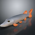 3D Fish Model With Gray Body Orange Fins And Tail Long Snout And Yellow Eyes