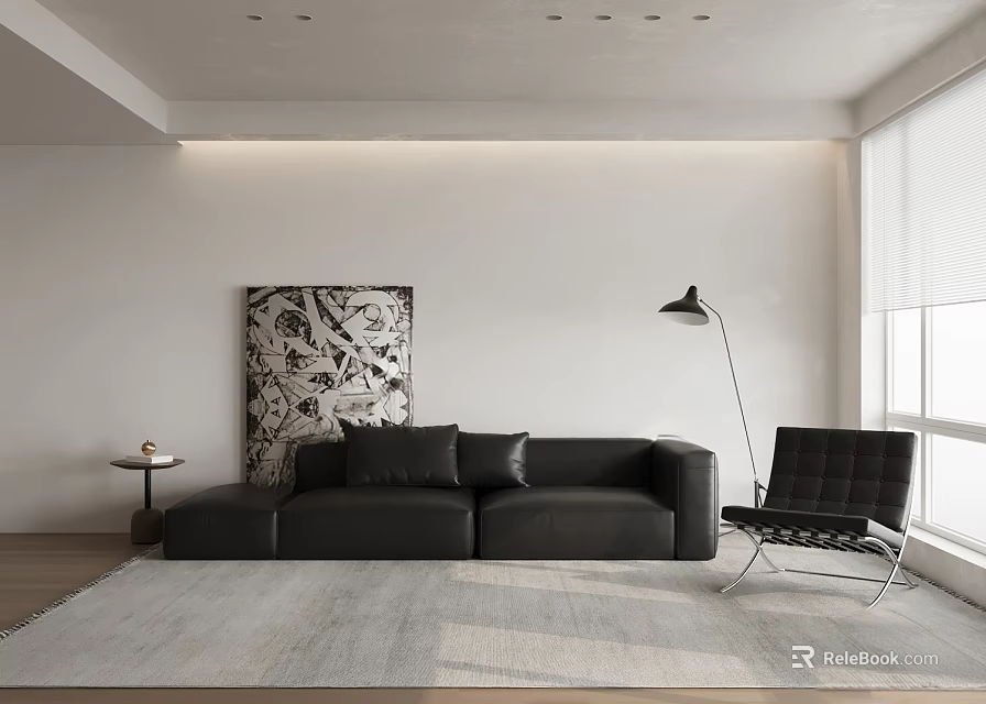 Modern Black Sofa And Coffee Table Set With Rug Floor Lamp And Decorative Wall Art 3d model 