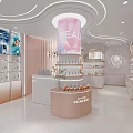 Elegant Modern Beauty Showroom Interior With Branded Cosmetic Products Display Shelves And Lighting