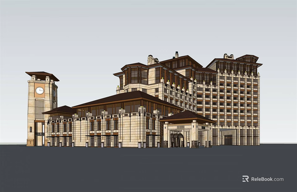 Classical Style Hotel Building With Multi Story Structure And Clock Tower Entrance 3d model