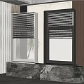 White and Black Window Blinds in Modern Interior with Marble Countertop and Wooden Wall