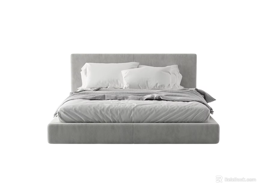 Modern Minimalist Double Bed With Comfortable Mattress And White Pillows 3d model 
