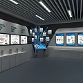 Modern Tech Public Office Space With Display Screens Tables Chairs Cabinets And LED Lights
