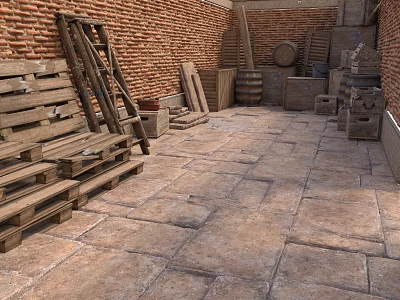 Red Brick Walls And Stone Tile Floor With Wooden Pallets Barrels And Crates 3d model
