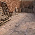 Red Brick Walls And Stone Tile Floor With Wooden Pallets Barrels And Crates