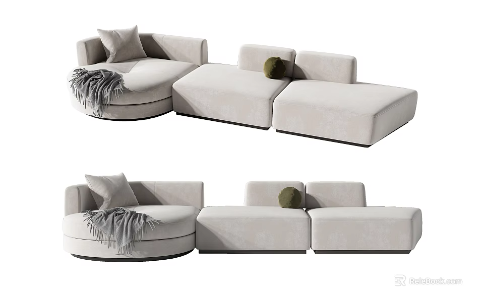 Modern Sectional Sofa In Beige With Decorative Pillows And Throw Blanket 3d model