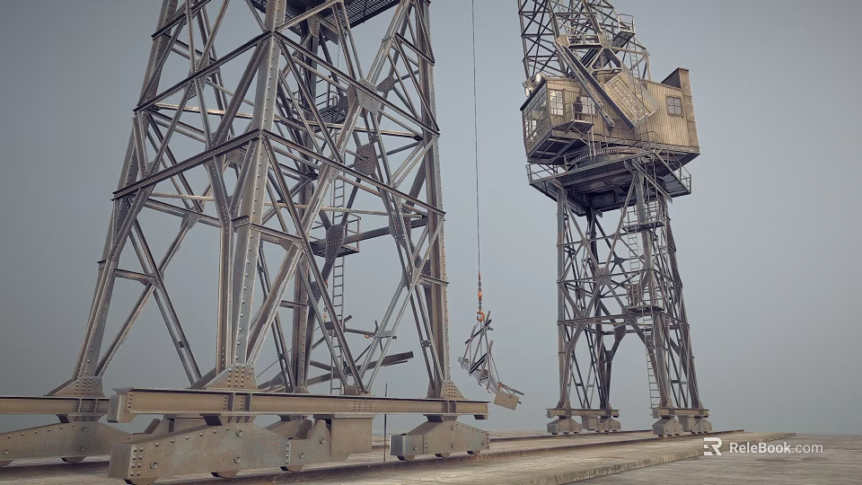 Large Industrial Cranes With Metal Frame Structures Ladders And Lifting Booms 3d model 