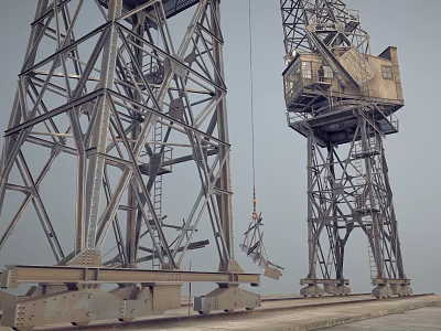 Large Industrial Cranes With Metal Frame Structures Ladders And Lifting Booms 3d model