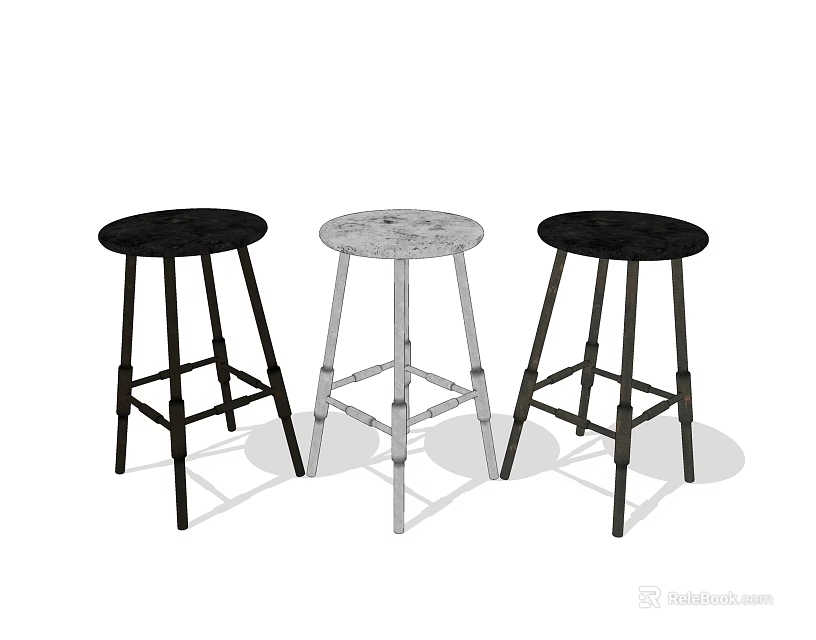 Three Stylish Bar Stools With Round Seats Black And White Metal Legs Design 3d model 