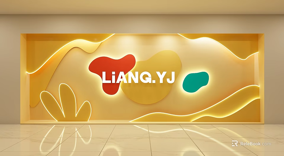 Creative Window Display With LIANGYJ Yellow Backdrop Red Green Shapes Curved Decorations Light Tiled Floor 3d model 