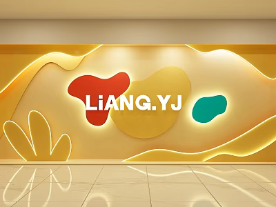 Creative Window Display With LIANGYJ Yellow Backdrop Red Green Shapes Curved Decorations Light Tiled Floor 3d model