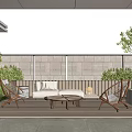 Outdoor Garden Landscape With Wooden Deck White Sofa Wooden Chairs Round Coffee Table And Greenery