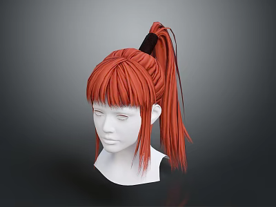 White Human Head Model With Red High Ponytail Hair And Black Hair Tie 3d model