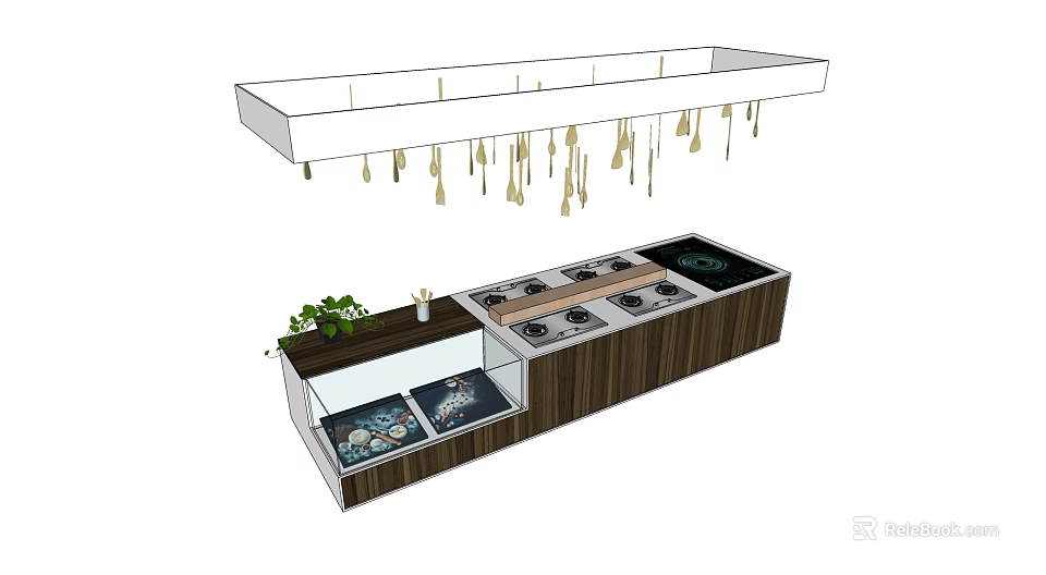 Modern Display Shelf with Glass Compartments Green Plants Wooden Frame and Golden Pendant Lights 3d model 