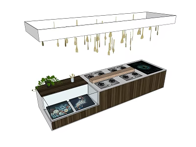 Modern Display Shelf with Glass Compartments Green Plants Wooden Frame and Golden Pendant Lights 3d model