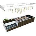 Modern Display Shelf with Glass Compartments Green Plants Wooden Frame and Golden Pendant Lights