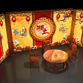 Traditional Chinese Xiangtu Themed Stage With Red Lanterns Wooden Furniture And Yellow Background