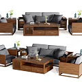 Modern Wooden Sofa And Coffee Table Set With Gray Cushions And Decorative Side Tables 3d model