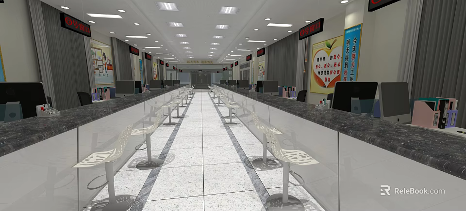 Modern Public Service Hall Interior With Service Counters White Chairs Tile Floor And Wall Posters 3d model 