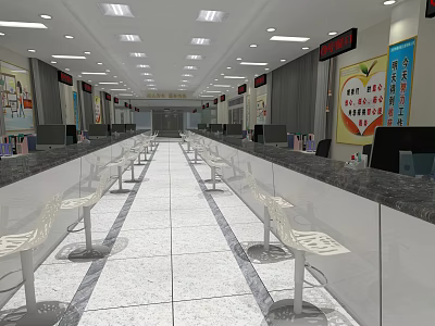 Modern Public Service Hall Interior With Service Counters White Chairs Tile Floor And Wall Posters 3d model