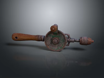 Vintage Hand Cranked Tool With Wooden Handle And Rusty Metal Components 3d model