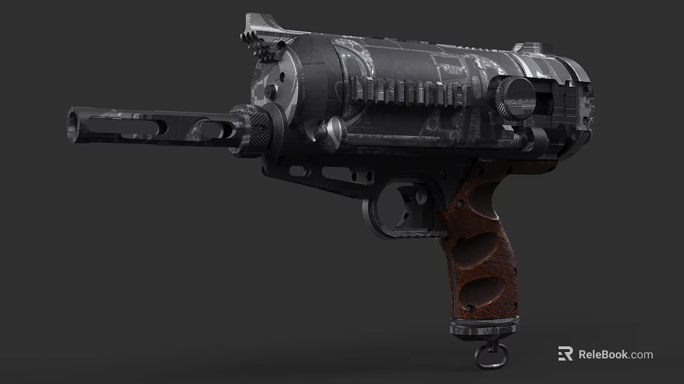 Vintage Mechanical Weapon with Wooden Grip and Metal Structure Detailed Barrel Trigger and Decorative Components 3d model 